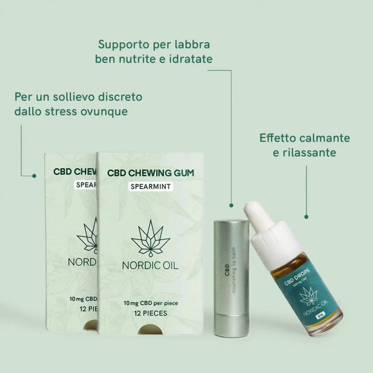 Prodotti CBD Nordic Oil: chewing gum al gusto spearmint, olio CBD in flacone e balsamo labbra CBD