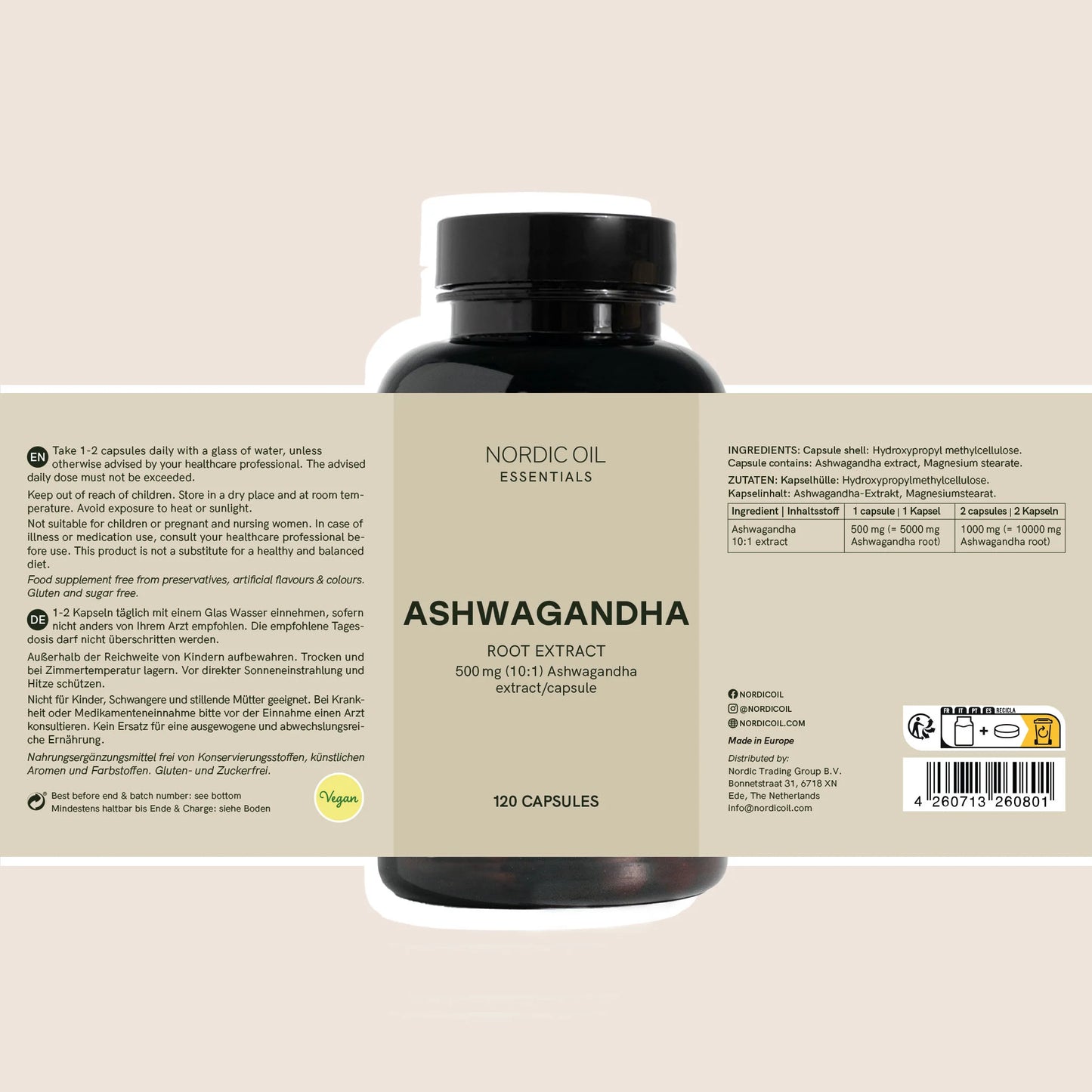 Bottiglia di integratore Ashwagandha con etichetta beige Nordic Oil Essentials, estratto di radice, 120 capsule