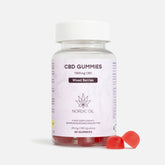 Bottiglia di CBD Gummies al gusto Mixed Berries con caramelle rosse accanto