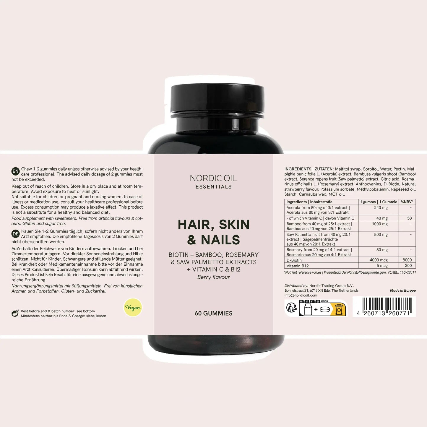 Bottiglia di gommini Nordic Oil Essentials Hair, Skin & Nails su sfondo rosa chiaro.