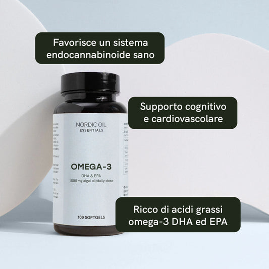 Bottiglia di integratore Omega-3 DHA ed EPA Nordic Oil Essentials con capsule, su sfondo neutro.