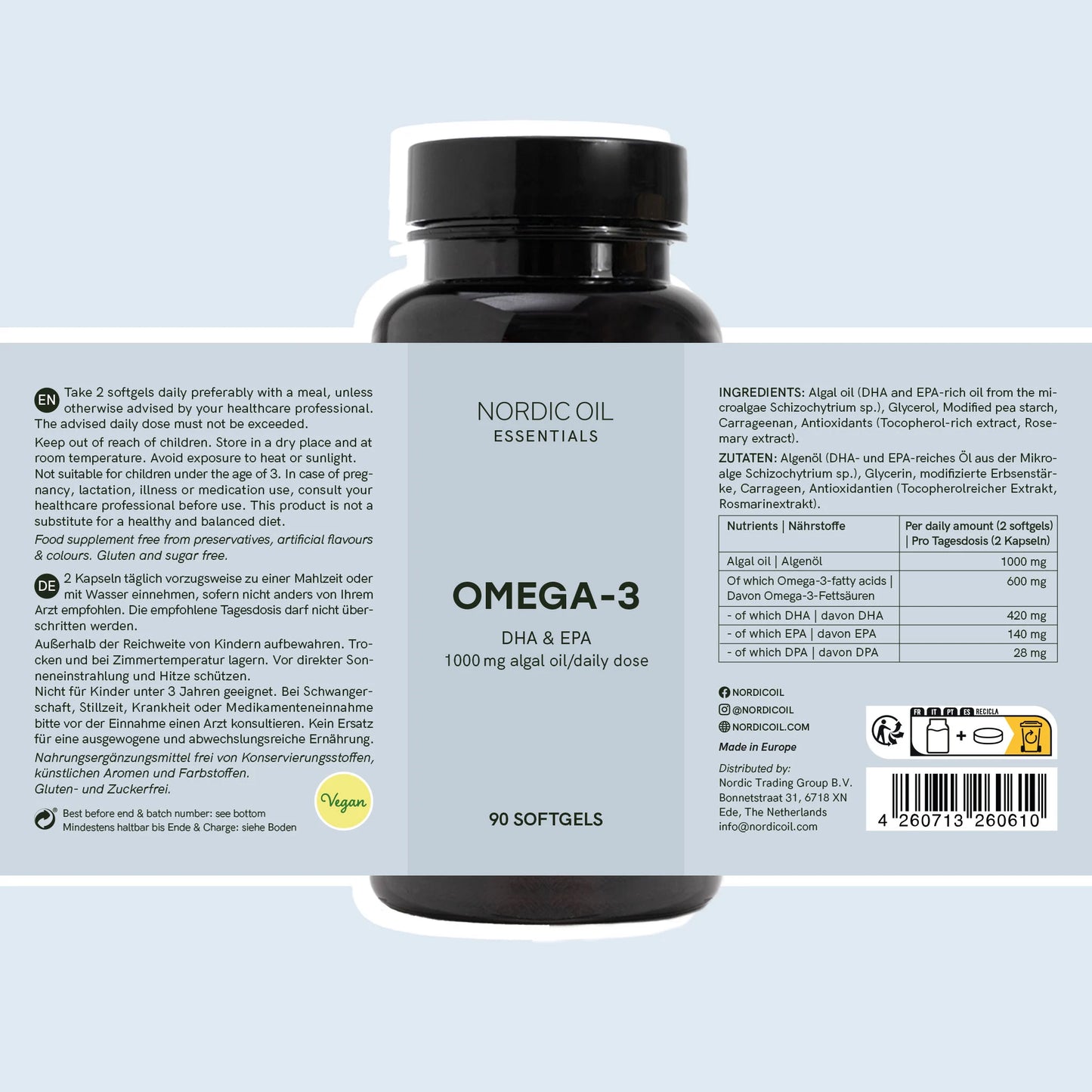 Bottiglia di integratore Omega-3 DHA & EPA Nordic Oil Essentials, 90 softgels