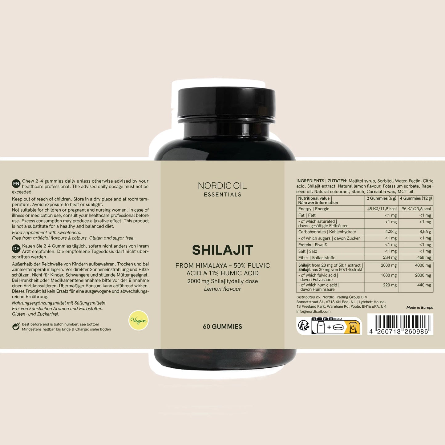 Bottiglia scura di integratore Shilajit Nordic Oil Essentials con etichetta beige.