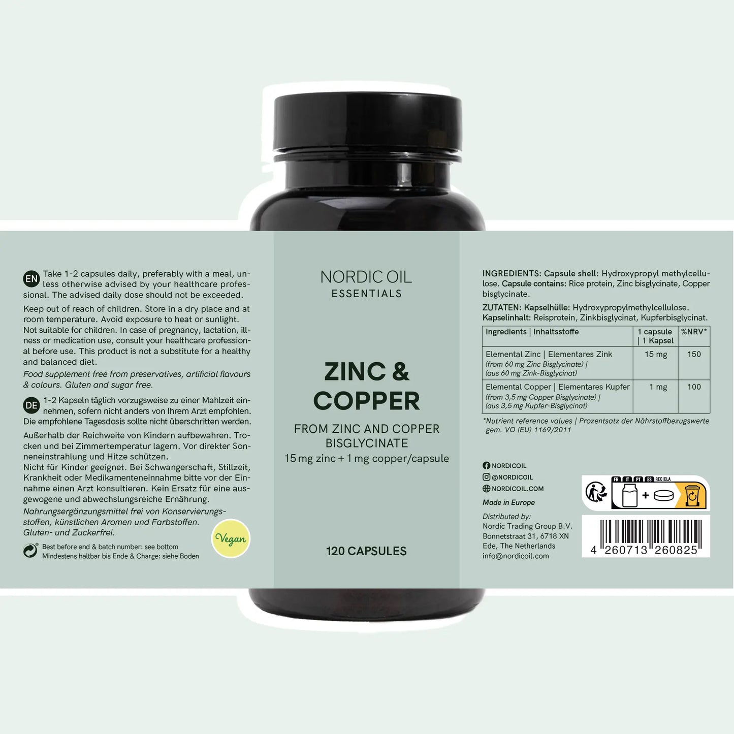 Bottiglia di integratore Nordic Oil Essentials Zinc & Copper con etichetta
