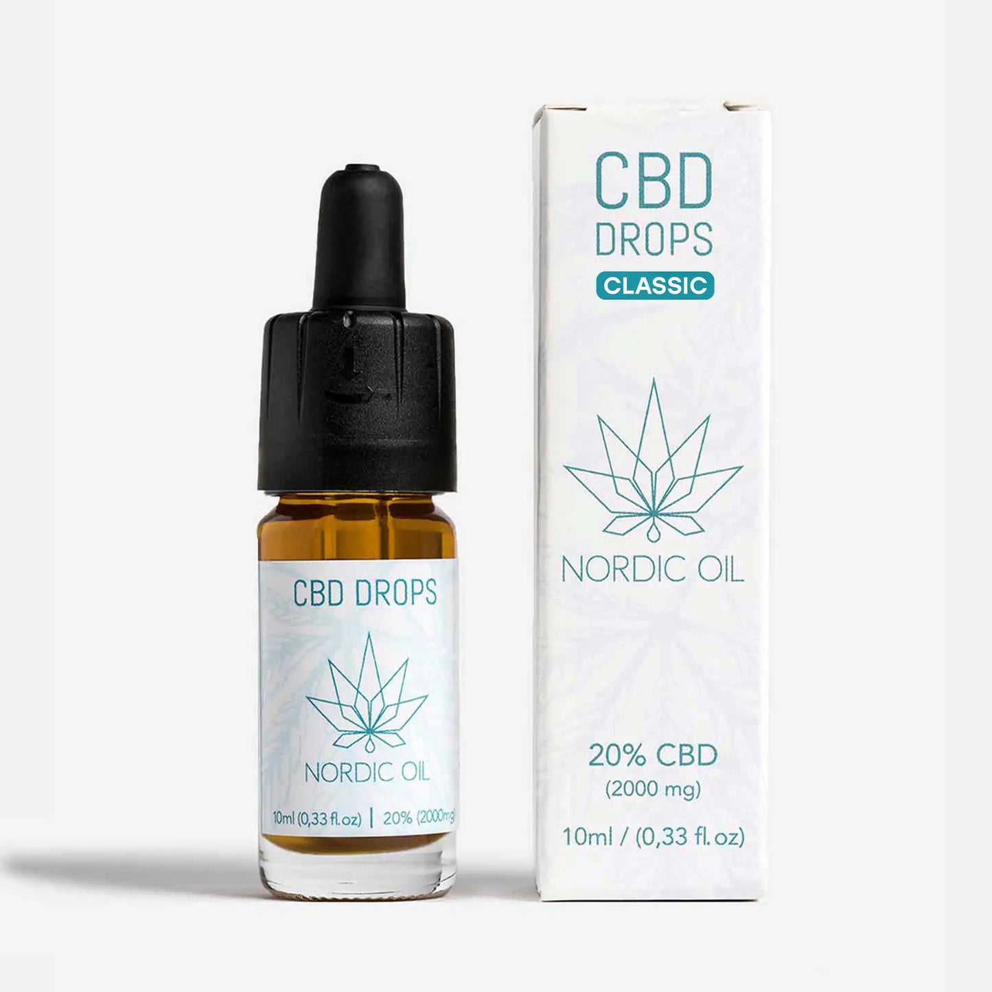 Bottiglietta di CBD Drops Nordic Oil con contagocce accanto alla confezione