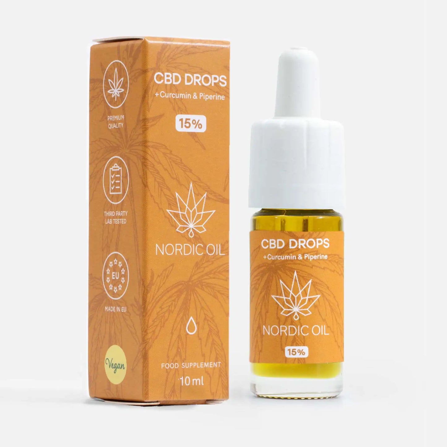 Flacone di olio CBD con contagocce accanto a confezione arancione Nordic Oil, etichetta 15%