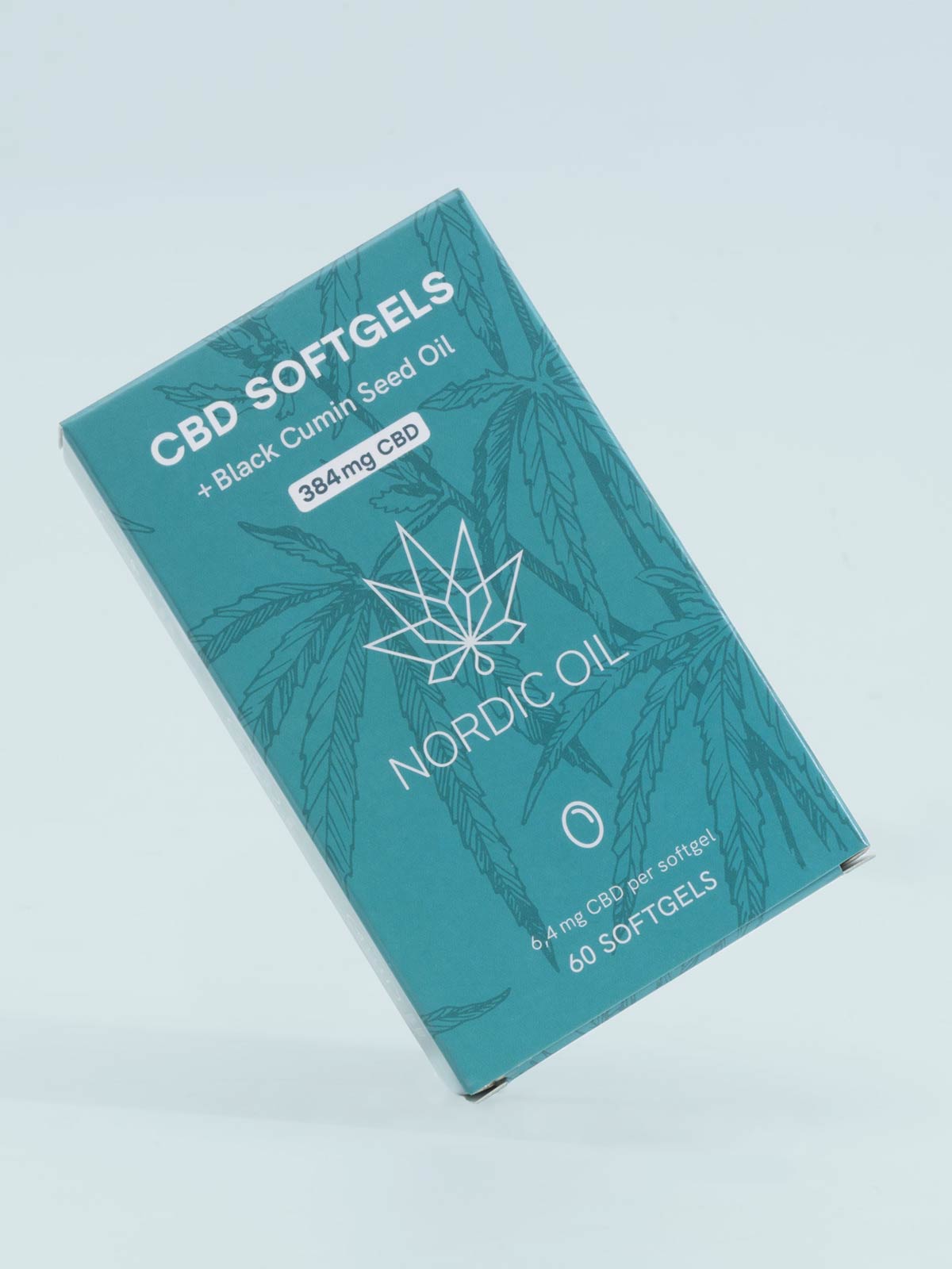 La confezione della Capsule CBD (384mg) - Abbonamento è scritta sul bordo sinistro, su sfondo blu.