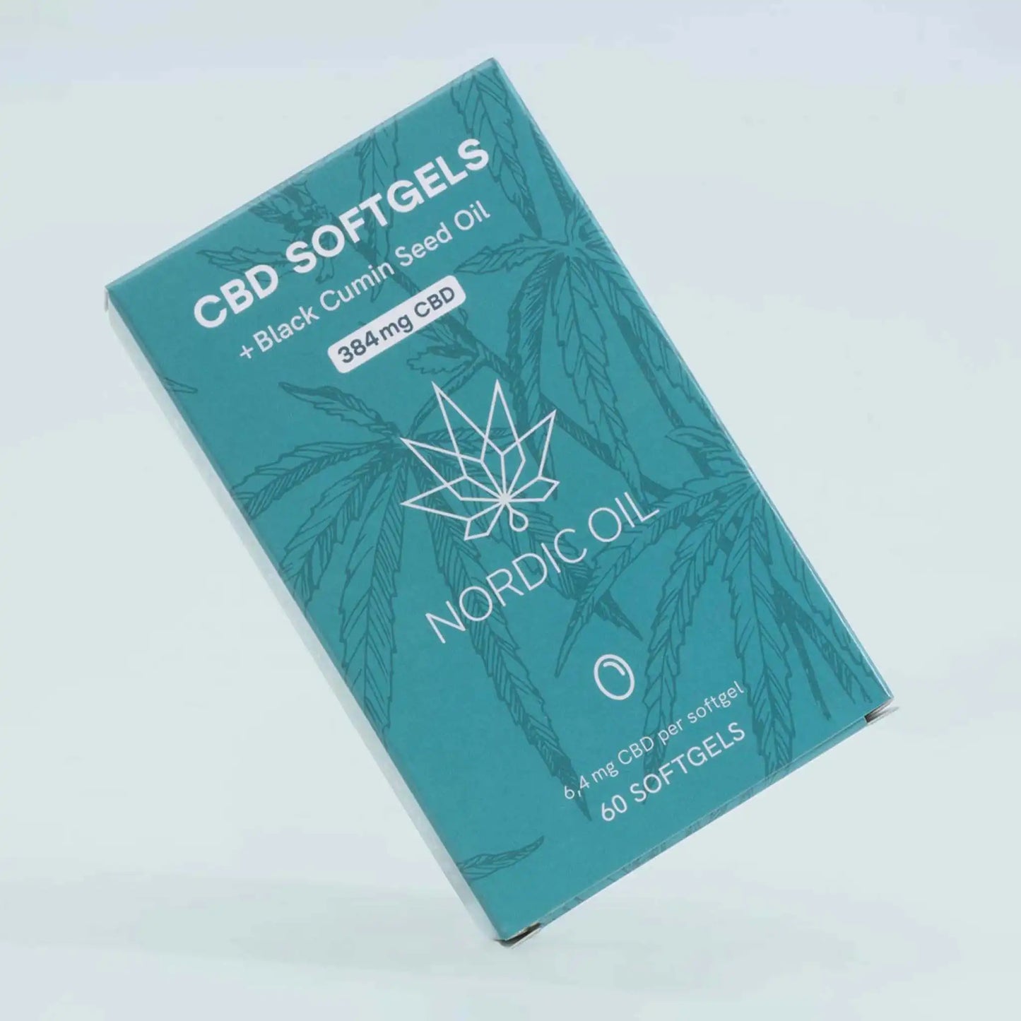 La confezione delle capsule di CBD (384 mg) si trova sul bordo sinistro, su sfondo blu.
