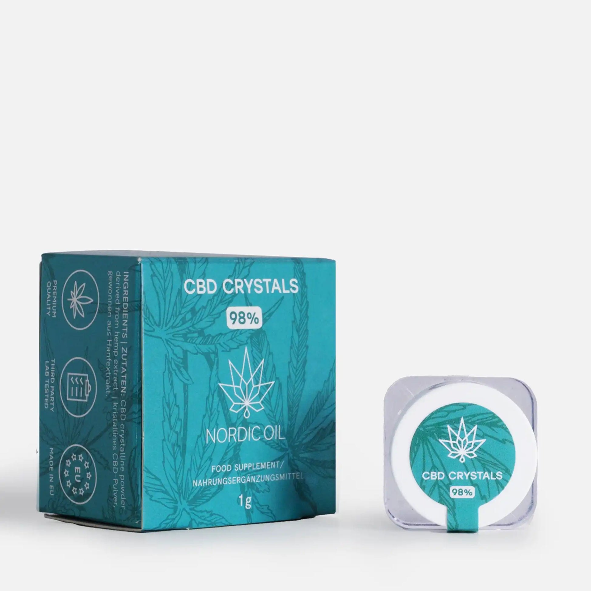 A sinistra la lattina e a destra la confezione dei Cristalli di CBD (98,6%).