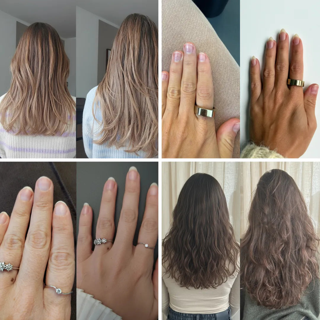 Collage di capelli castani mossi e mani con unghie naturali e anelli dorati