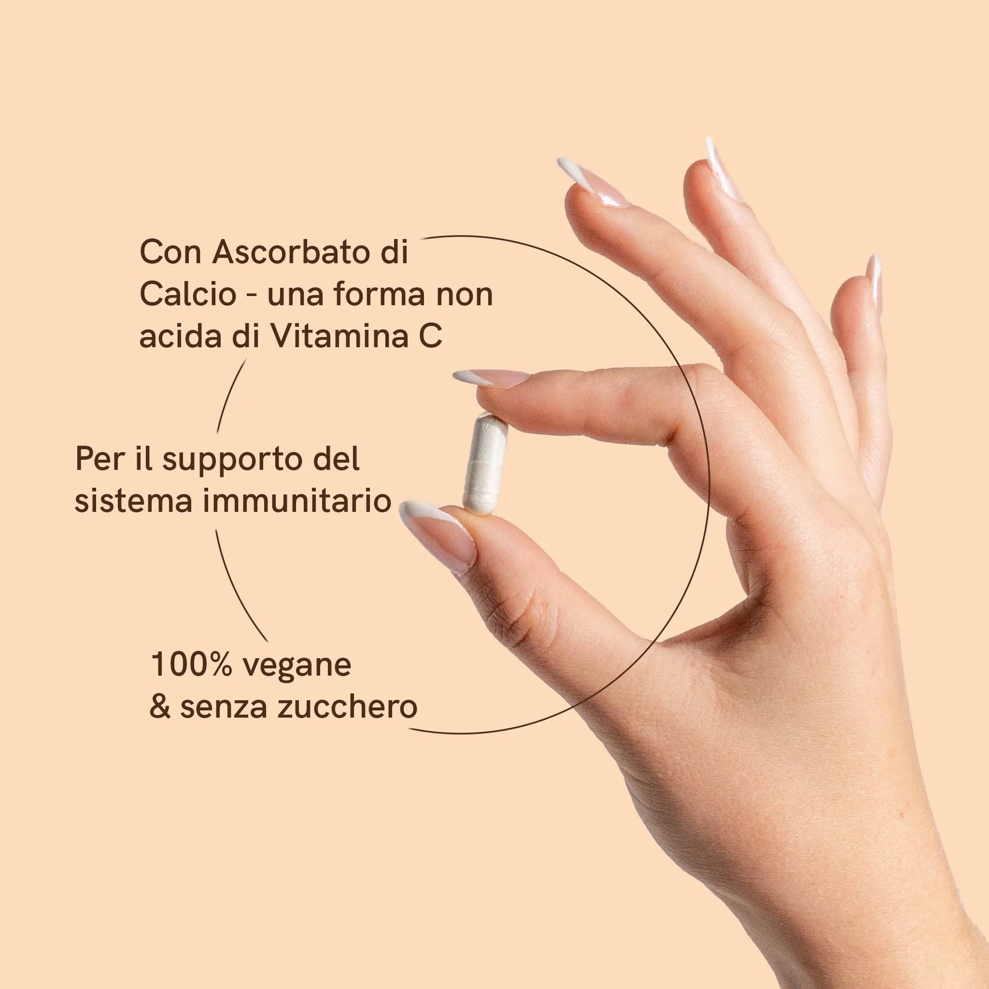 una mano tiene una capsula di vitamina C con la descrizione