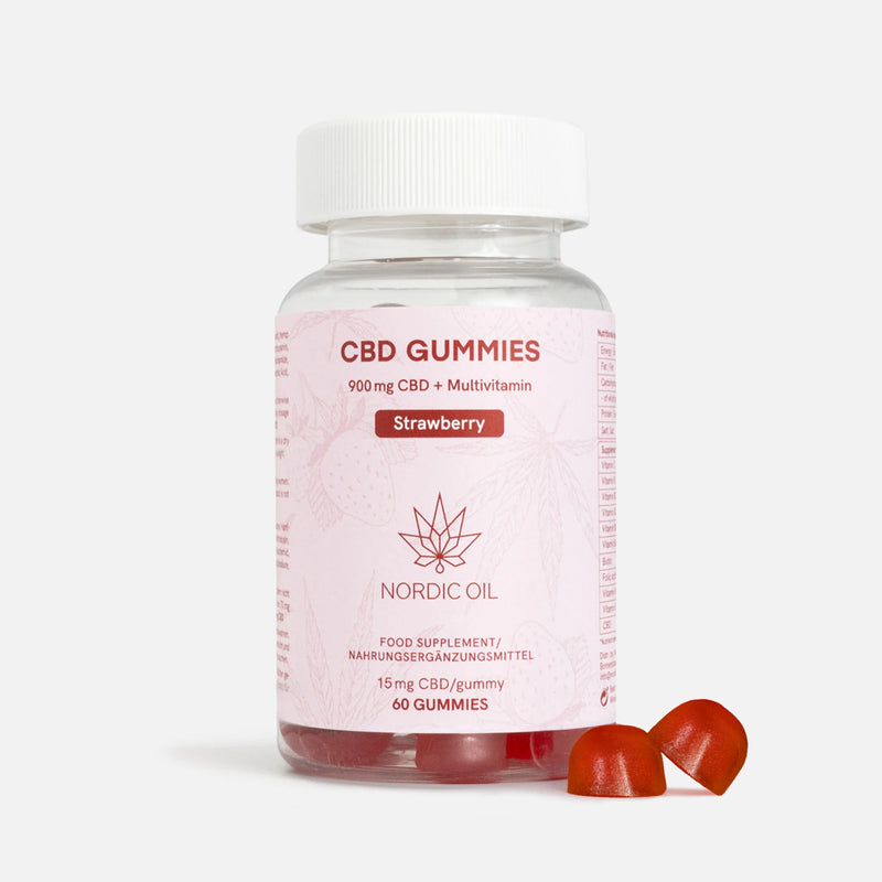 Barattolo di CBD Gummies al gusto fragola di Nordic Oil con due gommini rossi accanto