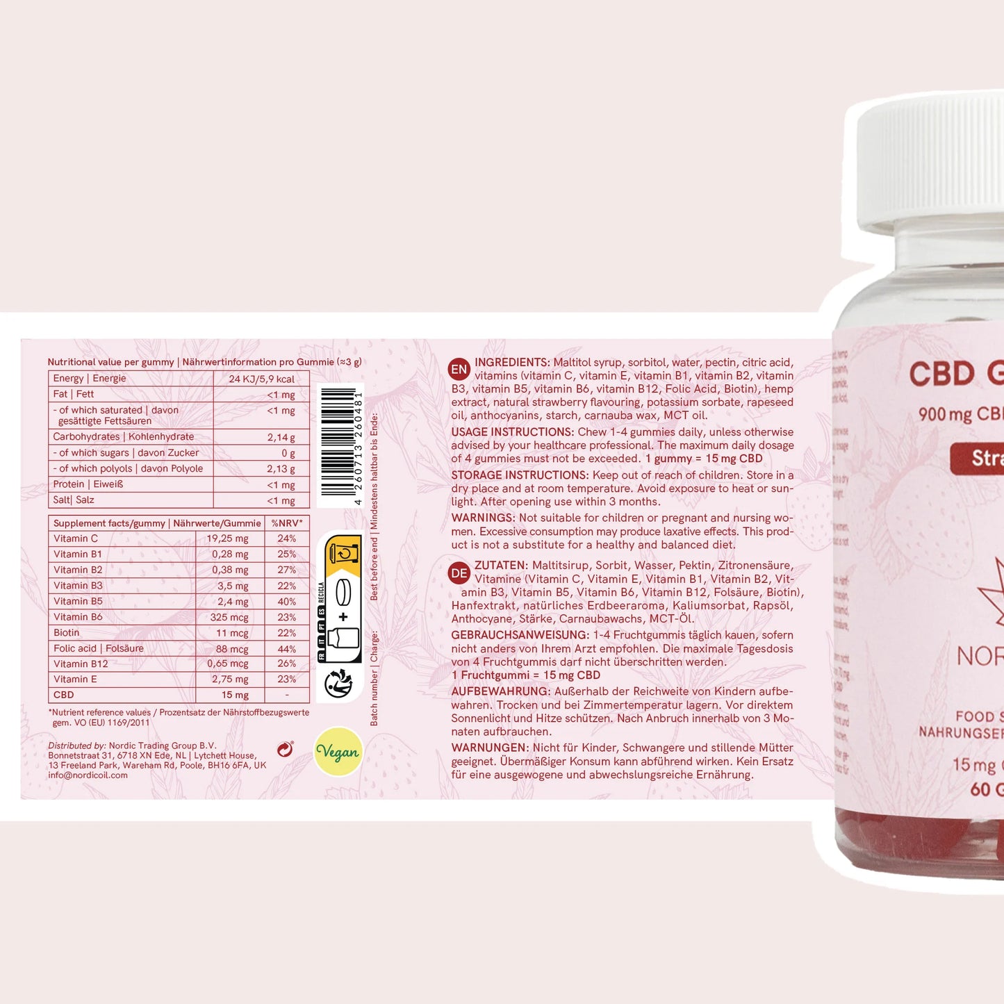 Etichetta di confezione di CBD gummies con tabella nutrizionale e ingredienti, affiancata da una bottiglia di CBD Nordic Oil