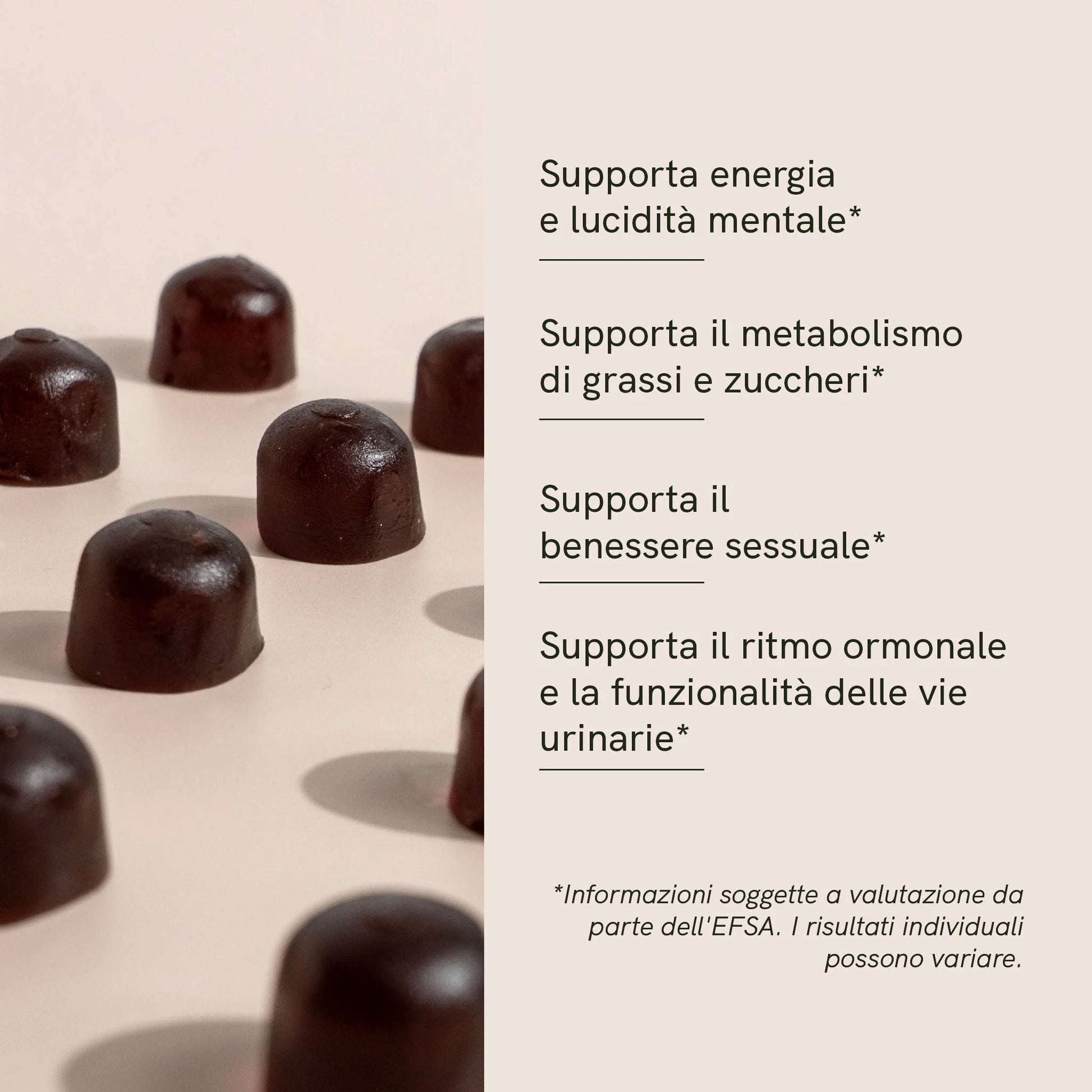 Cioccolatini fondenti scuri disposti su una superficie chiara, con una fascia beige a destra contenente testo promozionale.