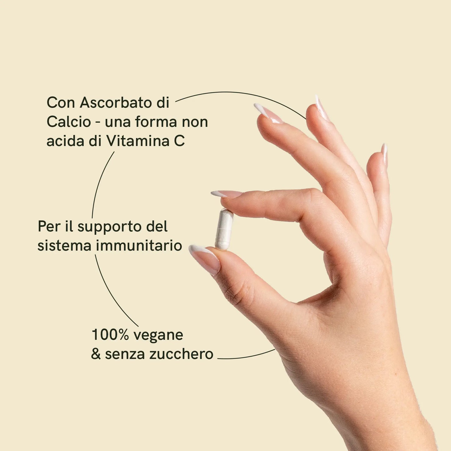 una mano tiene una capsula di vitamina C con la descrizione