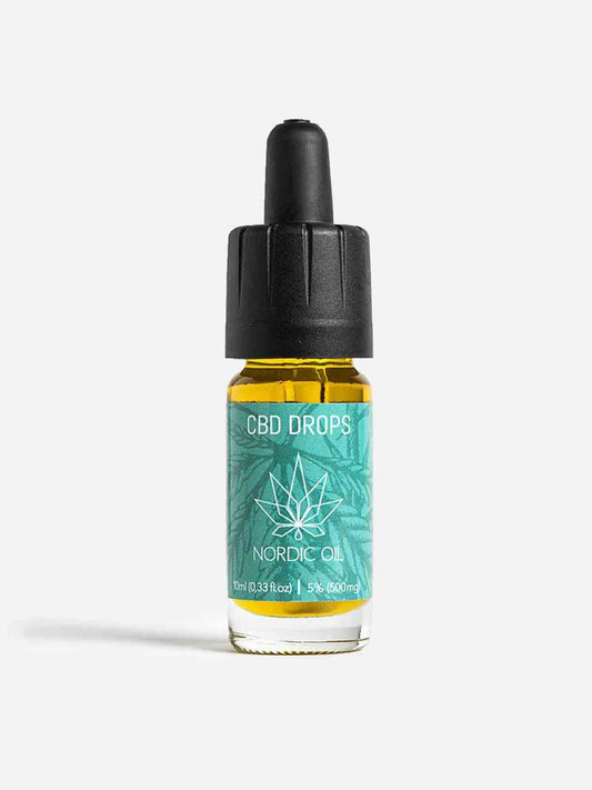 Bottiglia di olio CBD con contagocce e etichetta verde-turchese Nordic Oil