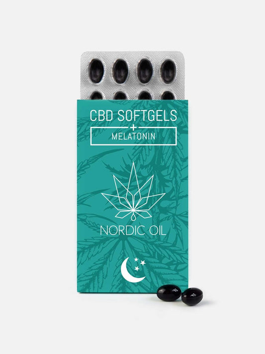 CBD softgels al melatonina in confezione Nordic Oil, blister con capsule nere