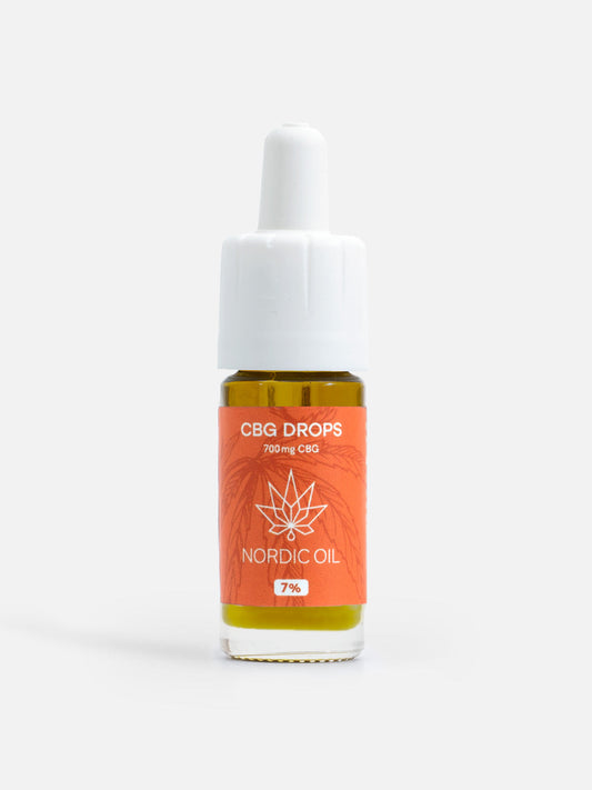 Bottiglia contagocce di olio CBG con etichetta arancione Nordic Oil
